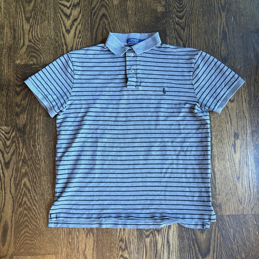 Polo Ralph Lauren Shirt Mens Medium Gray Black Striped Custom Slim Fit Polo Tee